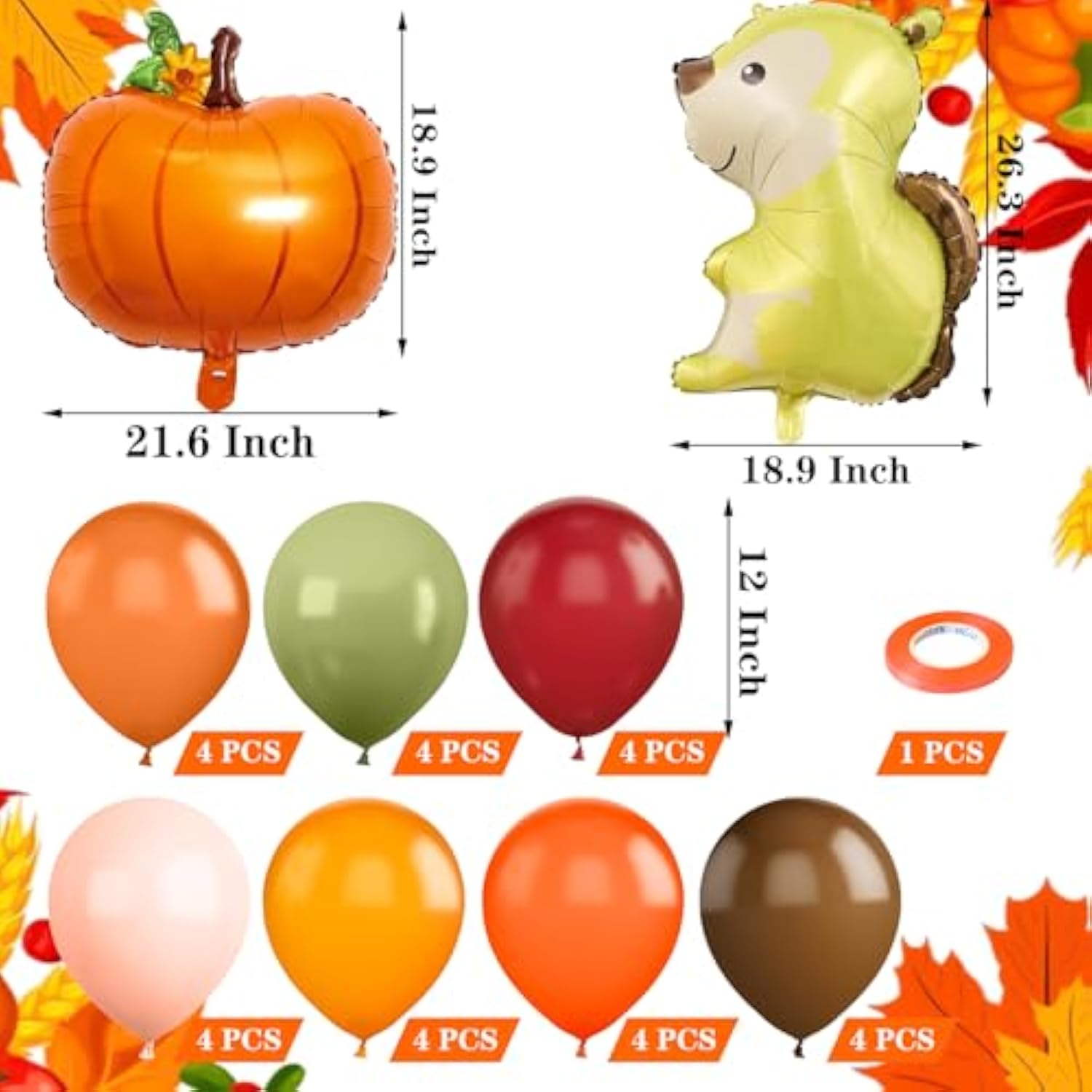 30 PCS Thanksgiving Balloons Colorful Pumpkin Squirrel Latex Foil Party Decor