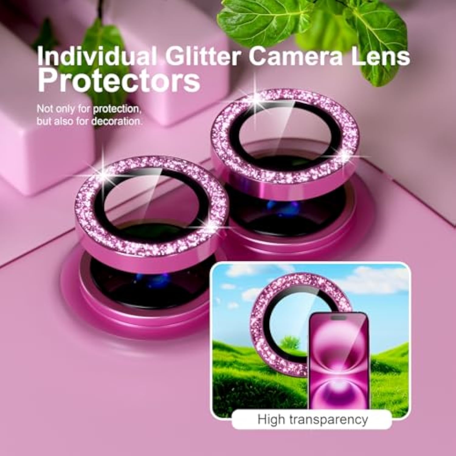 3 Pack For Iphone 16 Plus Screen Protector 6.7" [9H Tempered Glass] [Bubble Free] [Military Grade Protection] & 1 Set Of Glitter Camera Lens Protector - Pink