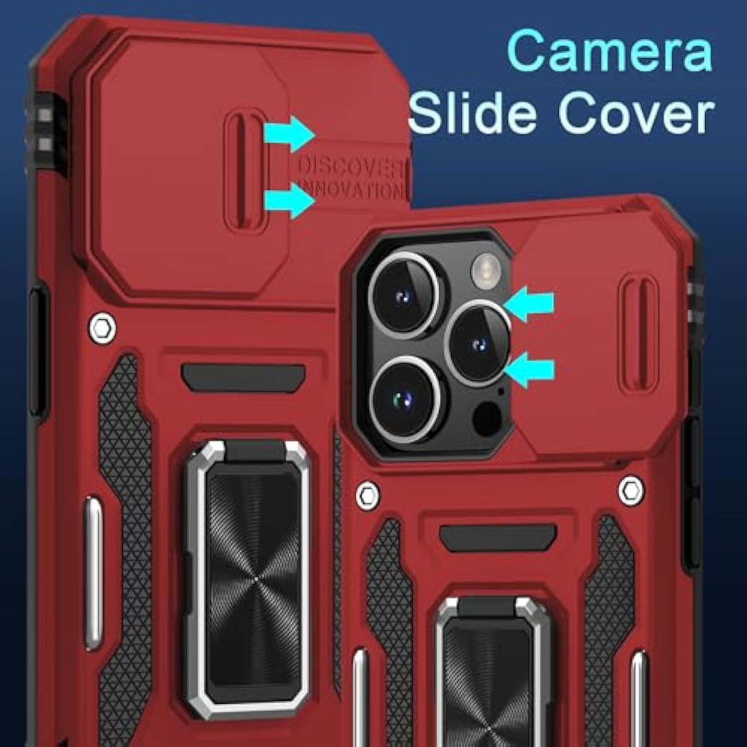 Case For Iphone 15 Pro Max With Slide Camera Cover+Screen Protector(1 Pack), Rotated Ring Kickstand Grade Shockproof Protective Cover 6.7 Inch-Red