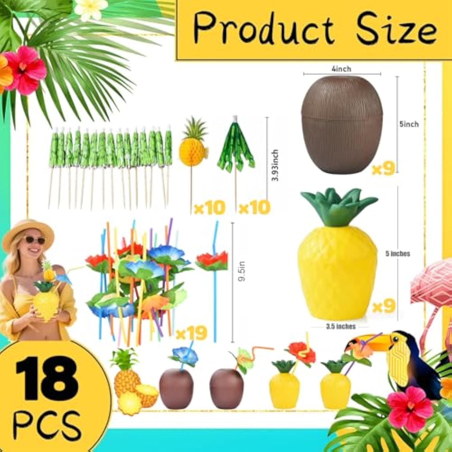 18 Coconut Pineapple Cups With 18 Straws, 18 Cocktail Drink Picks, Hawaiian Luau Tiki And Beach Theme Party Decorations For Kids And Adults, Flower