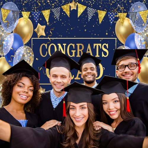 10x8ft Blue Graduation Backdrop Congrats Grad Class of 2026 Backdrop for Photography Graduation Party Decorations with Balloons Background Cake Table Banner Decor Photo Booth Props
