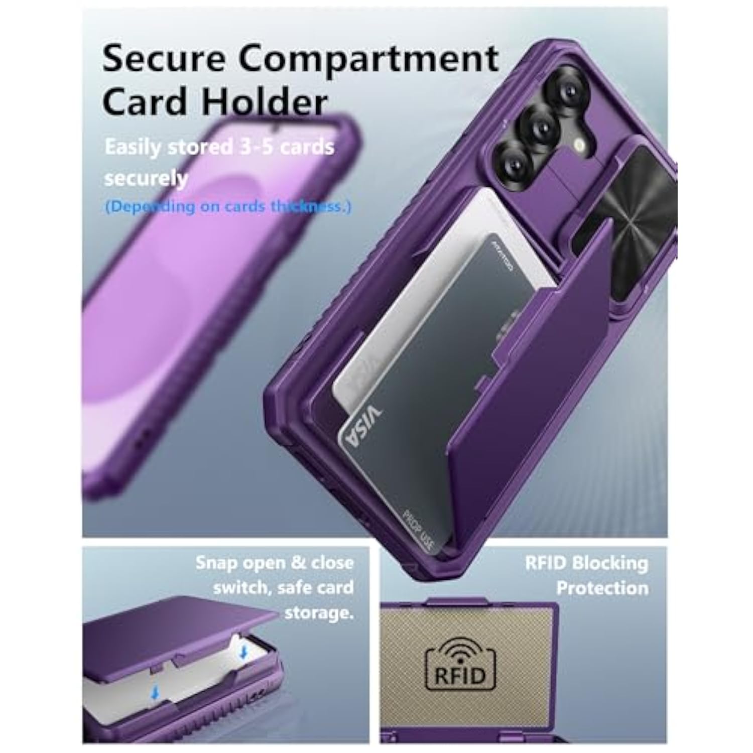 Samsung Galaxy S25+ Plus Case with Card Holder, Slide Camera Cover, RFID, Purple