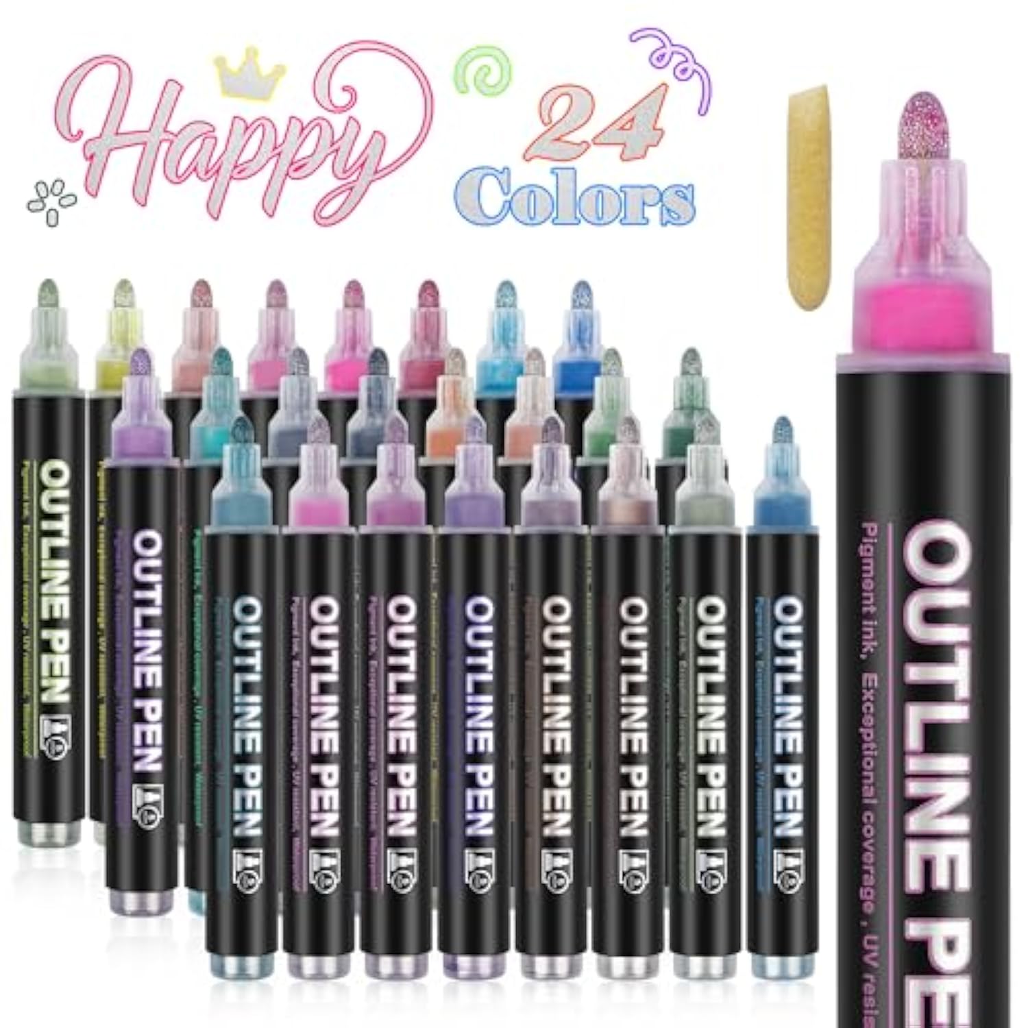 24 Color Larger Outline Shimmer Markers, Double-Line Super Squiggles Metallic Markers,Glitter Outline Pens For Halloween Christmas Card,Teen Girl Gifts Trendy Stuff, Art Supplies Crafts