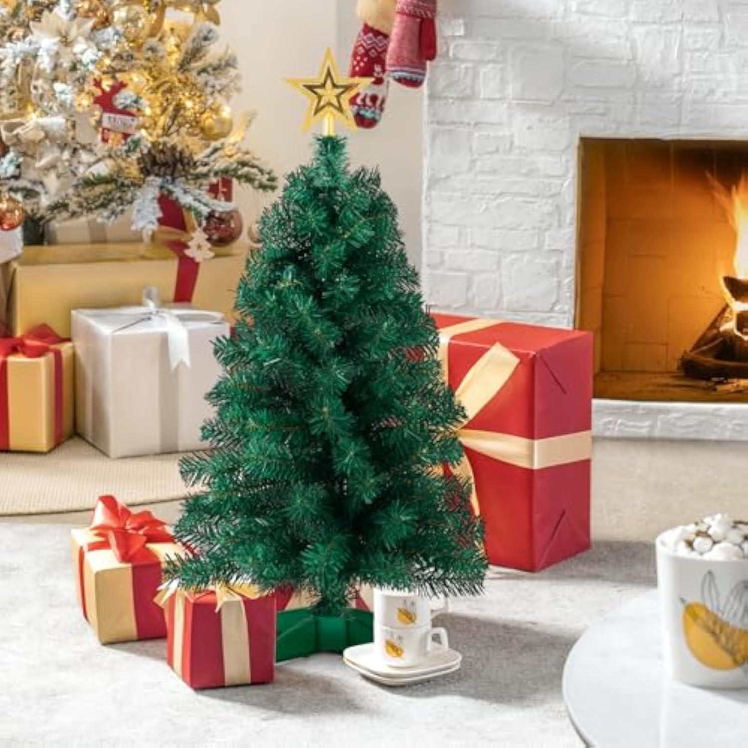 3Ft Artificial Christmas Tree With Gold Tree Topper Star, Mini Xmas Pine Tree With 4-Leg Stable Plastic Base, Small Tabletop Christmas Decoration For Home Office Holiday Party Indoor Use