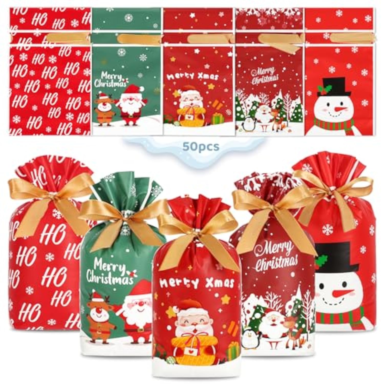 Christmas Treat Bags, 50Pcs Small Christmas Gift Bags Drawstring 5.8X9Inch Reusable Plastic Holiday Goodie Pouches For Party Favors Sweets Cookies