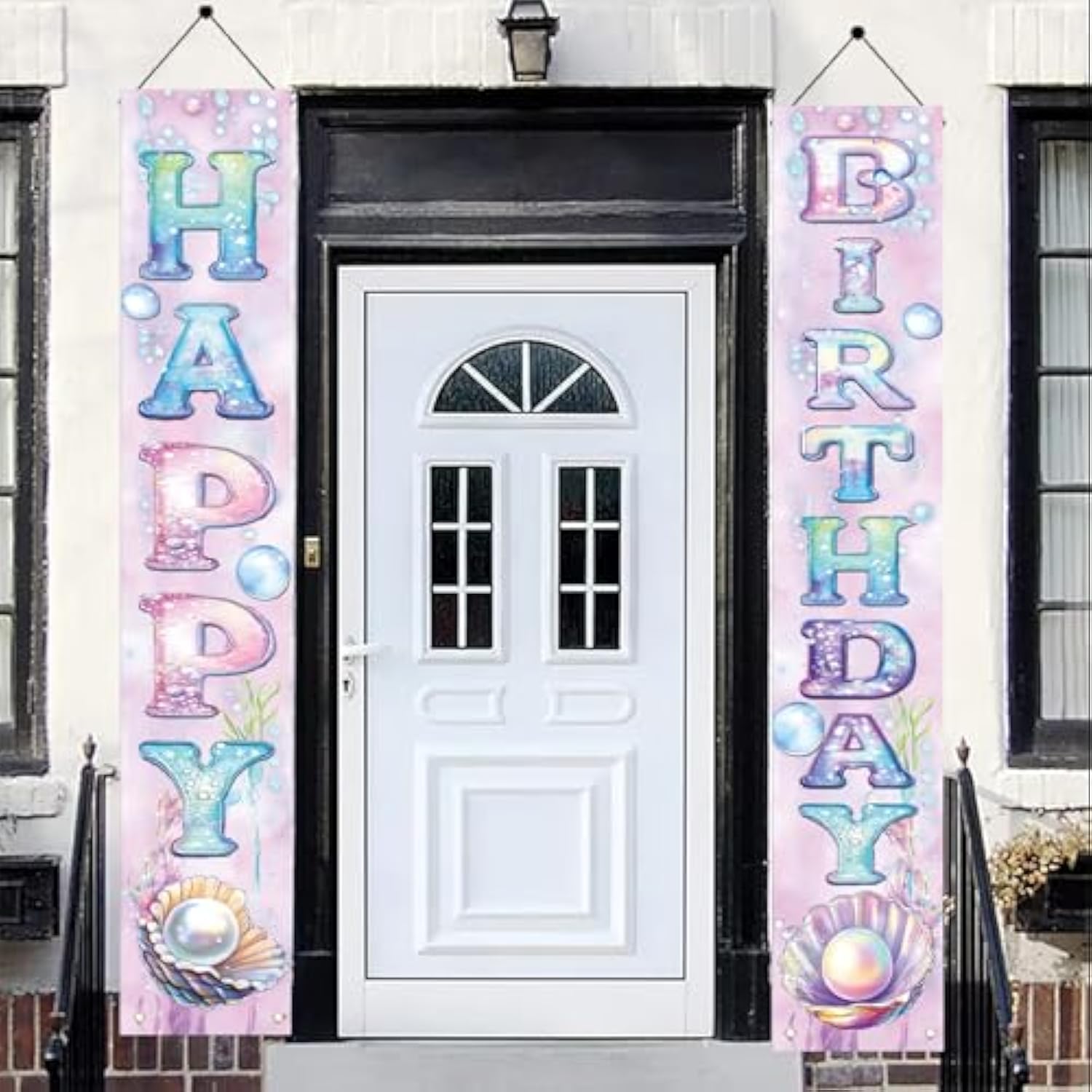 2Pcs Happy Birthday Hanging Banner Porch Sign Mermaid Seashell Decorations Birthday Front Door Wall For Girls Kids Welcome Holiday Party Supplies Children Classroom 71 X 12 Inch