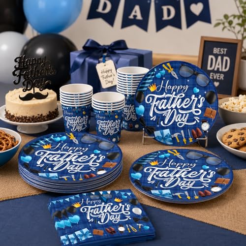 Fathers Day Decorations,101PCS Fathers Day Paper Plates and Napkins(Serves 25),Happy Father’s Day Decorations Includes Paper Plates,Napkins,Cups and Happy Fathers Day Banner