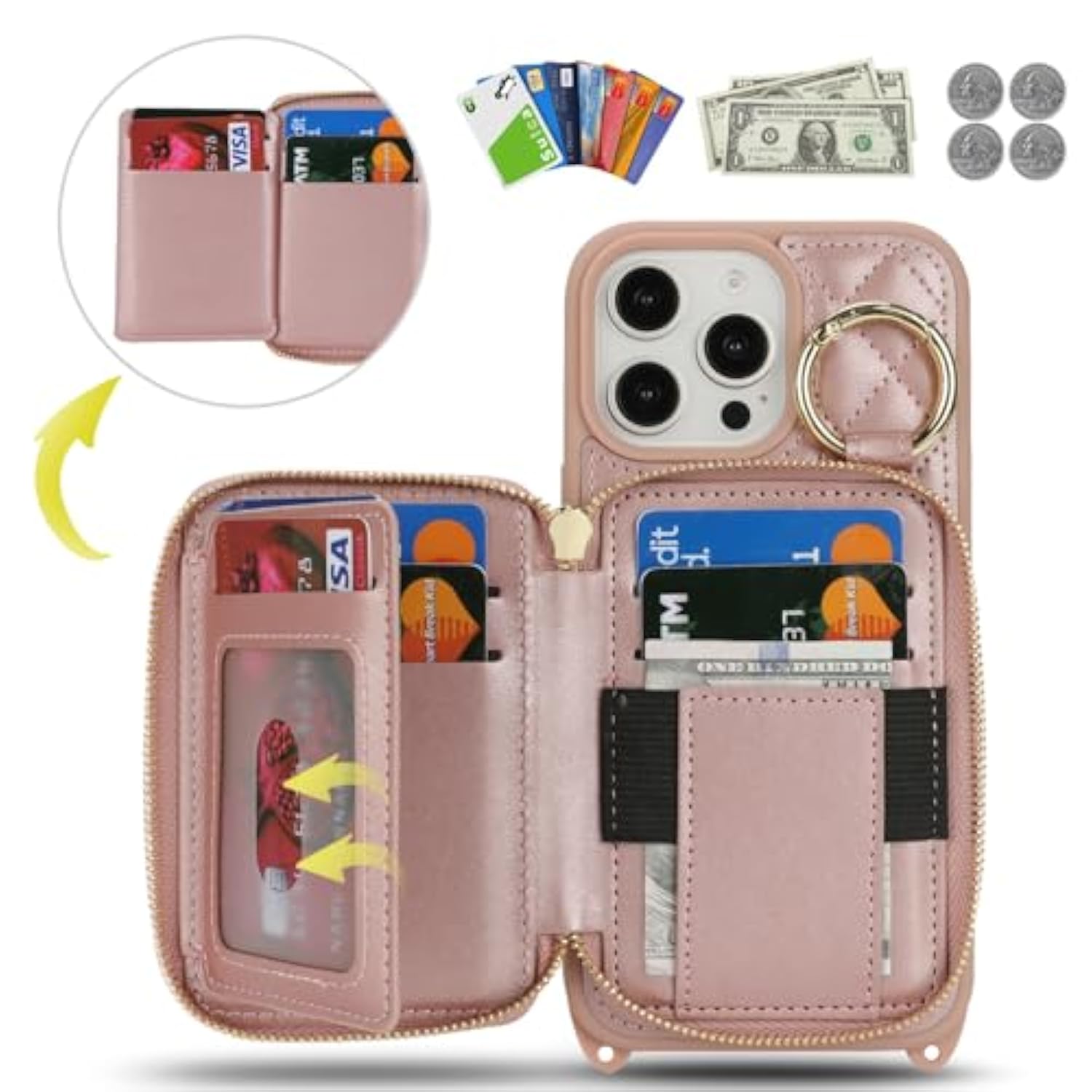 Crossbody Wallet Case For Iphone 16 Pro Max, Pu Leather Zipper Handbag Purse Flip Cover, Kickstand Folio Case With Card Slots Holder Wrist Strap Lanyard 5G 6.9 Inch-Rose Gold