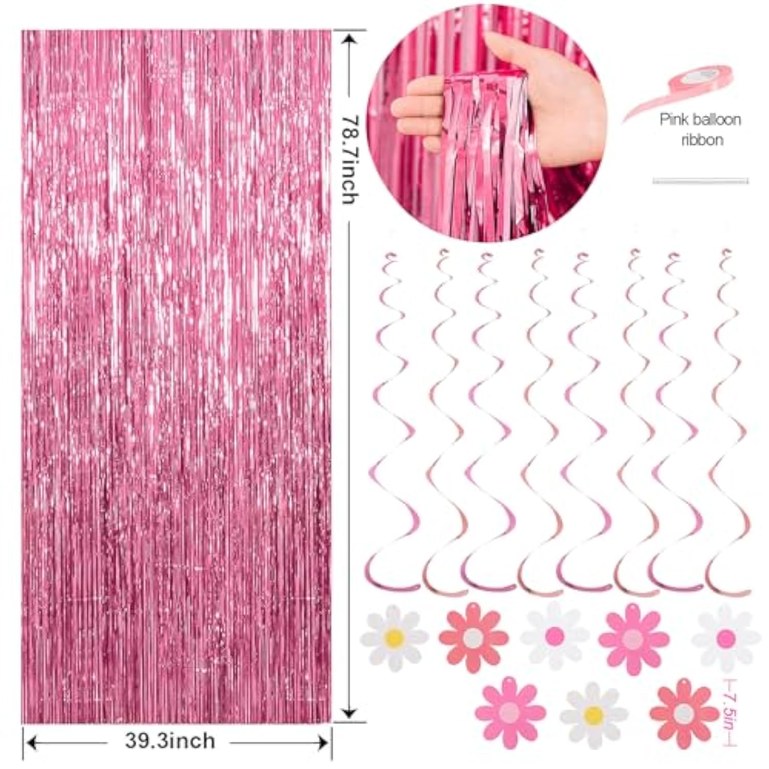 Pink & Red Happy Birthday Party Kit Banner, Fringe Curtain, Balloons & Cake Topper