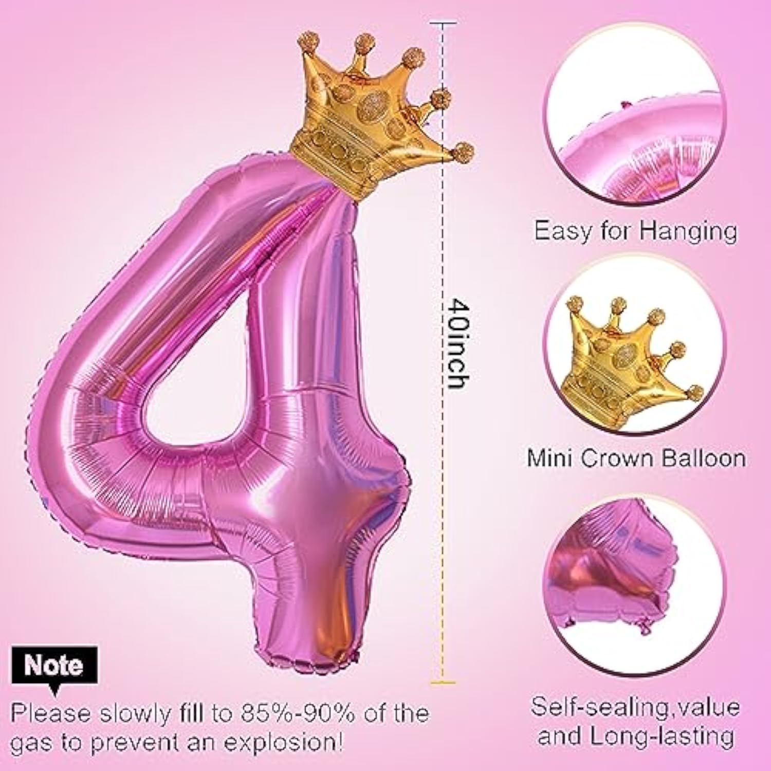 40" Hot Pink Number 4 Balloon with Mini Crown 4th Birthday Party Decor