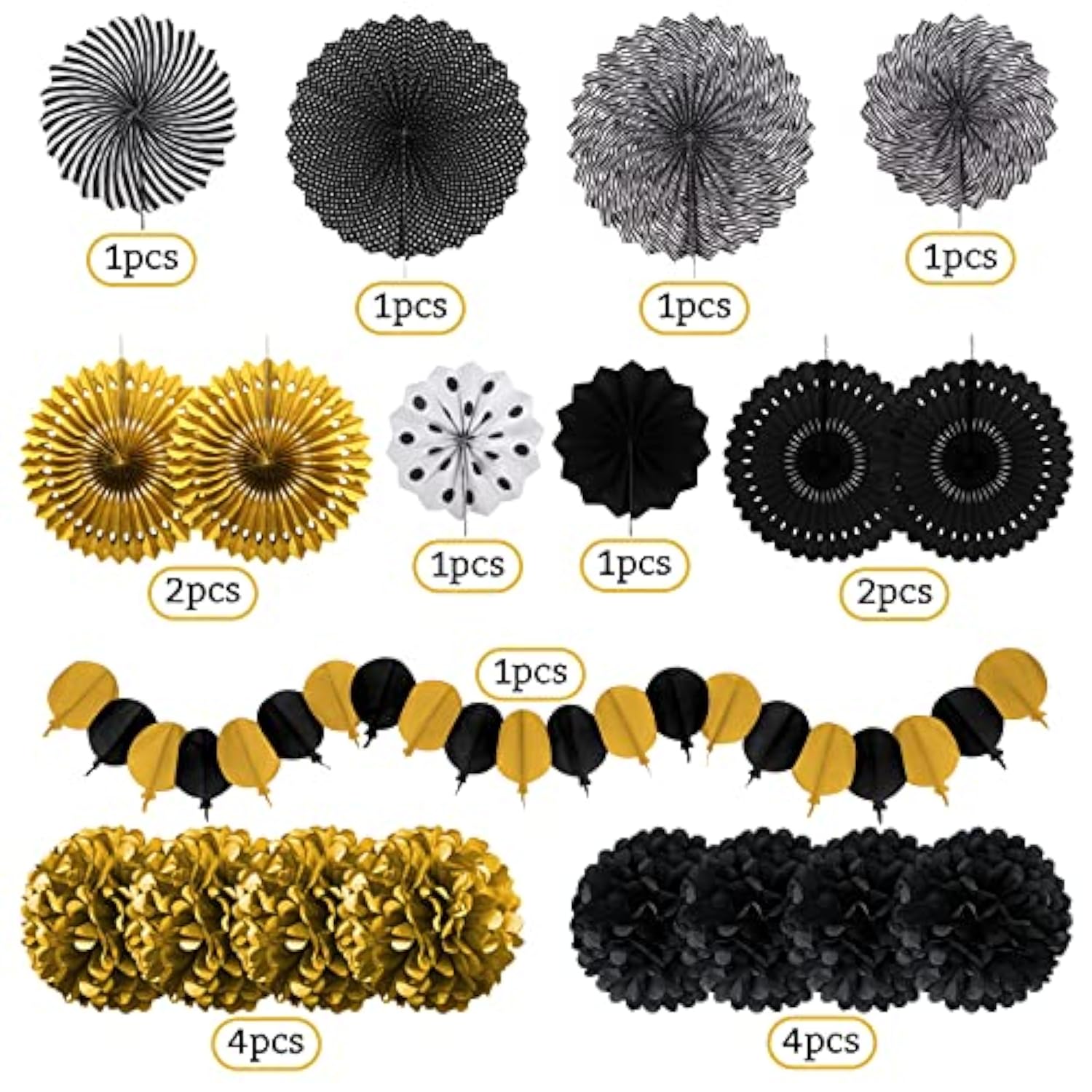 Black Gold Paper Pompoms Fans Party Decorations Graduation Birthday Wedding