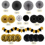 Black Gold Paper Pompoms Fans Party Decorations Graduation Birthday Wedding