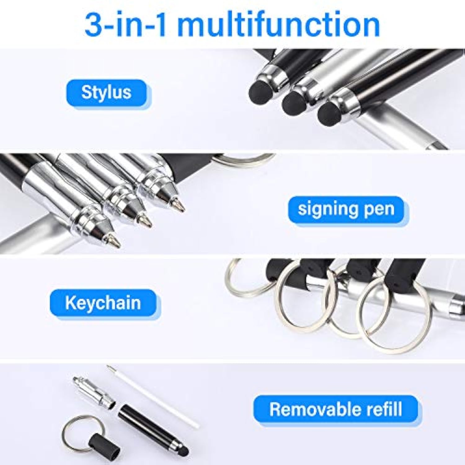 4-Pack Mini 3-in-1 Capacitive Stylus Pens with Keyring Loop