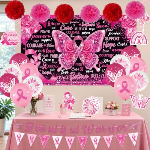 Breast Cancer Awareness Decorations Kit, Banner Backdrop Balloons Hanging Swirls Tissue Pom Poms Stickers, Pink Ribbon Party Supplies for Fundraiser Survivor Celebration Awareness Event