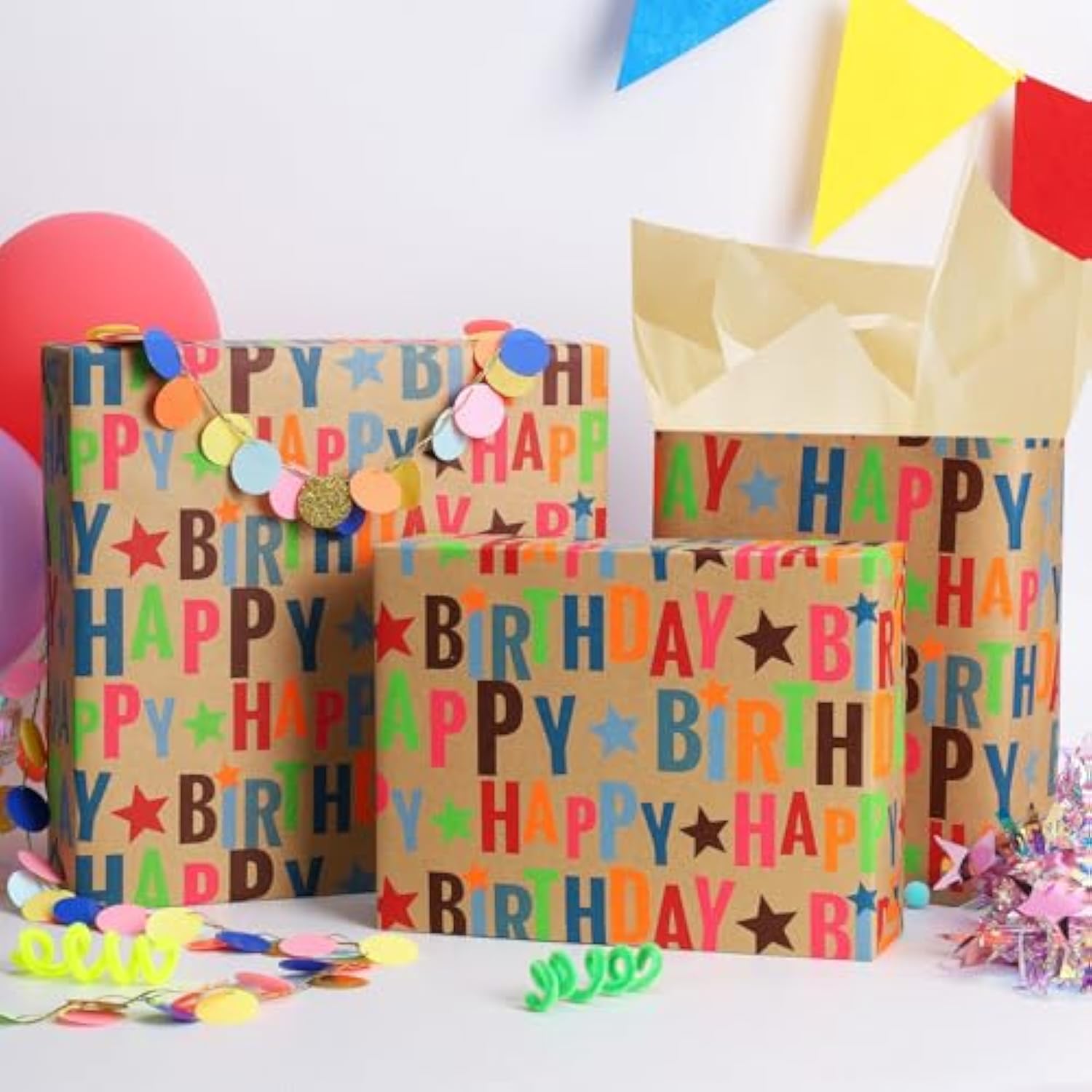 Kraft Wrapping Paper Roll Colorful Text Happy Birthday Design Perfect For Birthday Holiday Wrap 17 Inch X 33 Feet