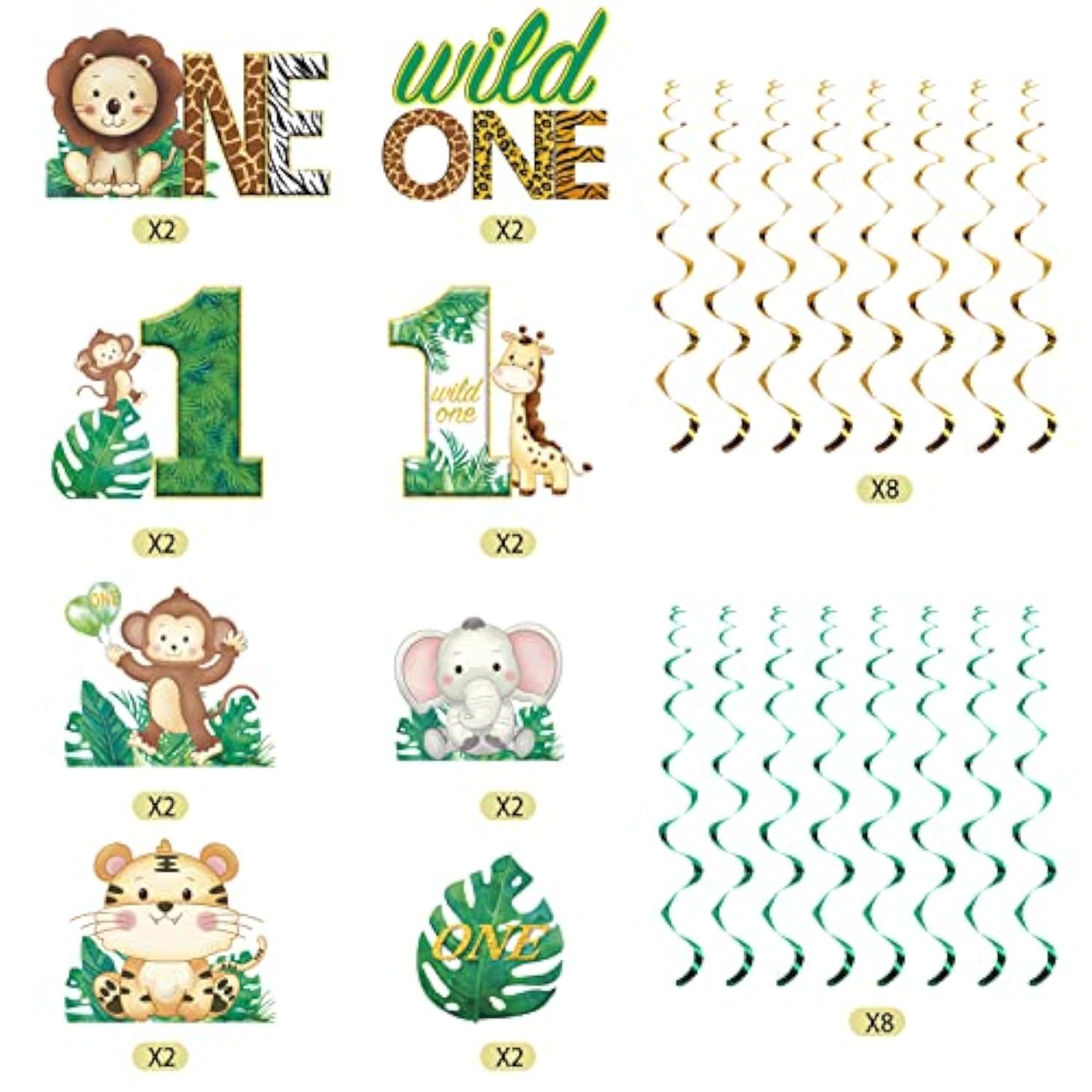 16Pcs Wild One Birthday Decorations Hanging Swirls For Boys Girls, Jungle Safari Theme 1St Birthday Foil Swirls Party Supplies, Safari Animal First Bday Ceiling Sign Decor