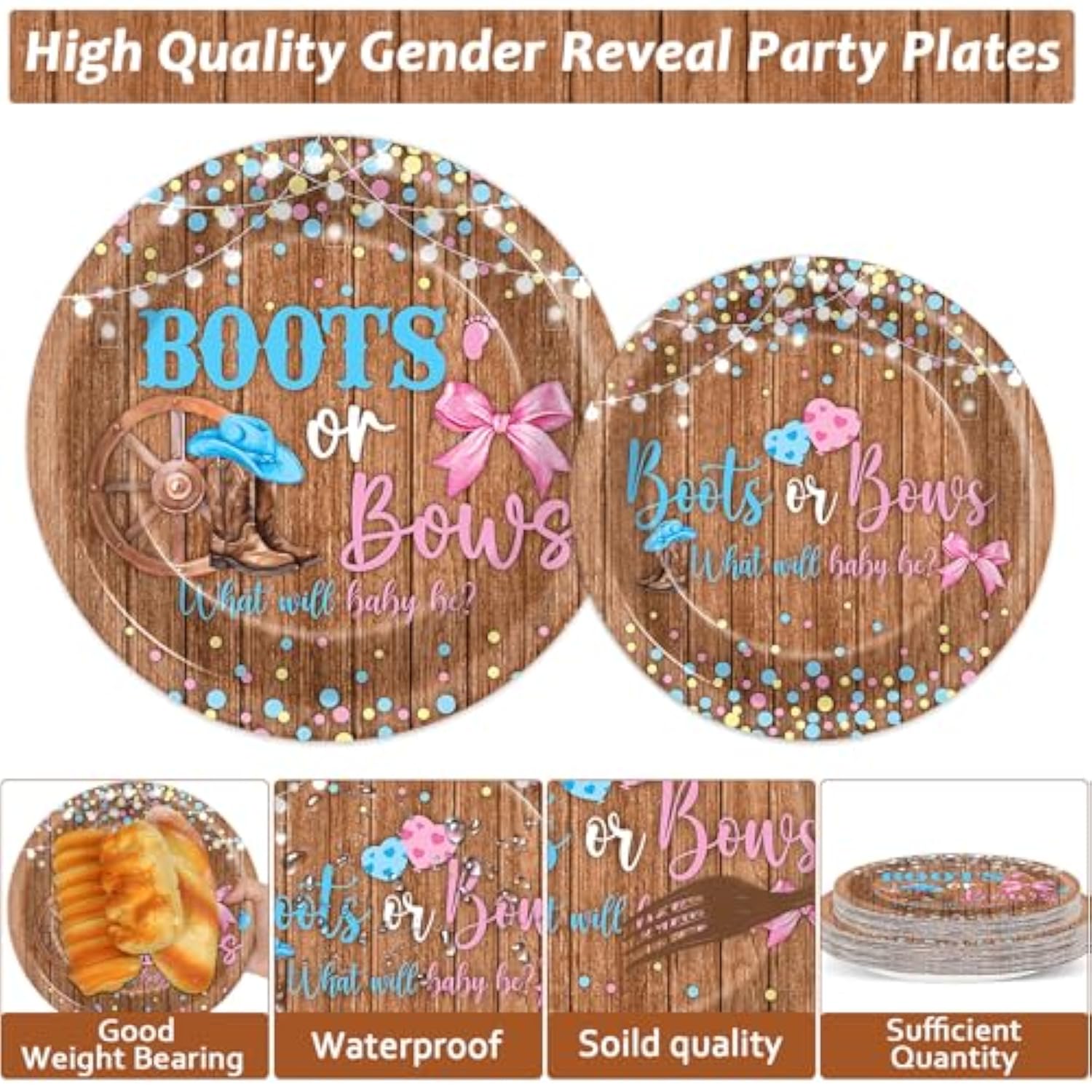96Pcs Boots Or Bows Gender Reveal Decorations Boy Or Girl Paper Plates Napkins Blue Or Pink Tableware Dinnerware Set Disposable Party Supplies For Baby Shower Gender Reveal Party Favors Serves 24