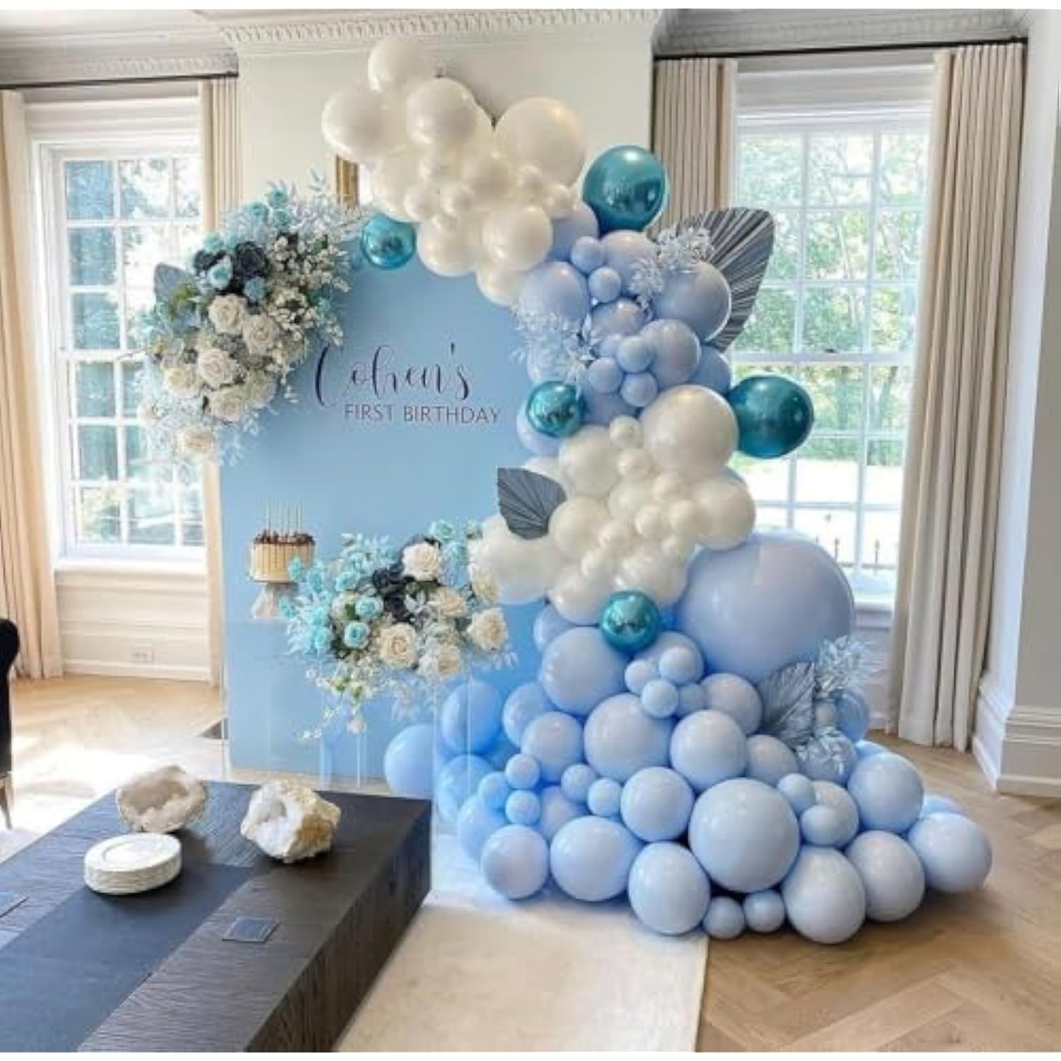 Blue Balloon Arch Kit 124pcs Metallic Blue, White & Silver Balloons for Parties and Event