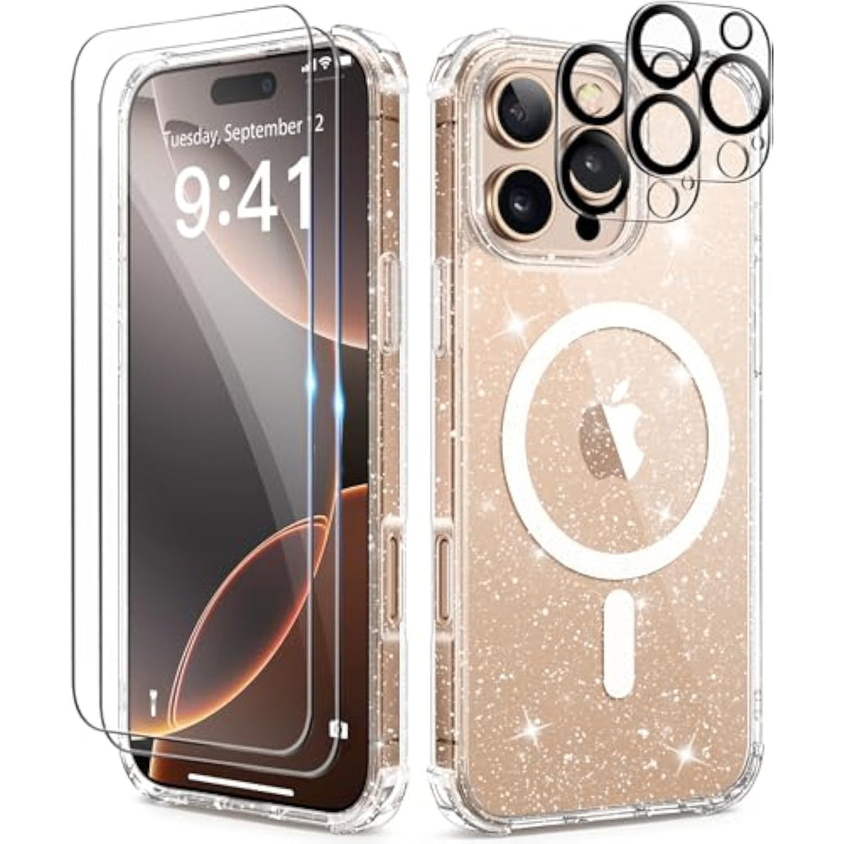 For 16 Pro Max Case, Compatible With Magsafe, With 2X Screen Protectors + 2X Camera Lens Protectors, Clear Glitter Sparkly Shockproof Hard Phone Case For Women 6.9", Magnetic Shiny Clear
