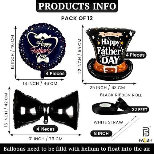 Happy Fathers Day Balloons Set - 12 Pieces | 4 Pieces Giant 31 Inch Bow Balloons | 4 Pieces 25 Inch Hat Balloon | 4 Piece 18 Inch Round Father's Day Balloon, Happy Fathers Day Decorations for Party