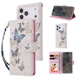 Leather Phone Cover for iPhone 17 Pro Max, Flip Case with Kickstand, RFID Blocking, Card Slots, Wrist Strap, Engraved Pattern, Magnetic Closure, Blue Butterfly Design