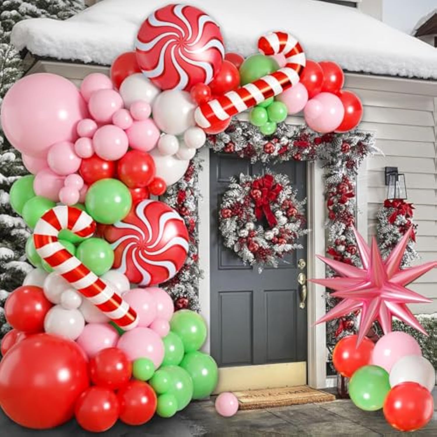 Christmas Balloons Arch - 125 Pcs Balloon Garland Kit With Green, Pink, Red Latex Balloons, Candy Cane & Star Foil Balloons For Christmas Party Decoration