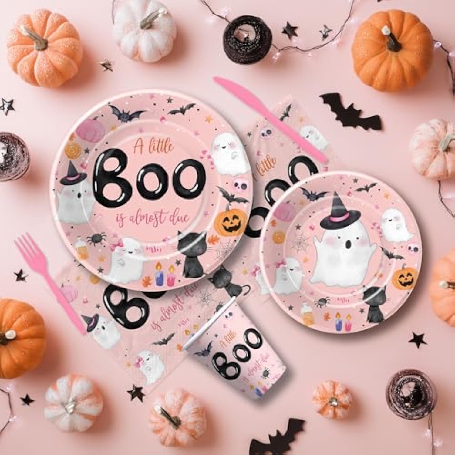 Halloween Theme A Little Boo Is Almost Due Baby Shower Decorations Party Tableware Girl, Pink Ghost Halloween Baby Shower Decorations, Disposable Paper Plate, Cup, Napkin, Cutlery, Serves 24