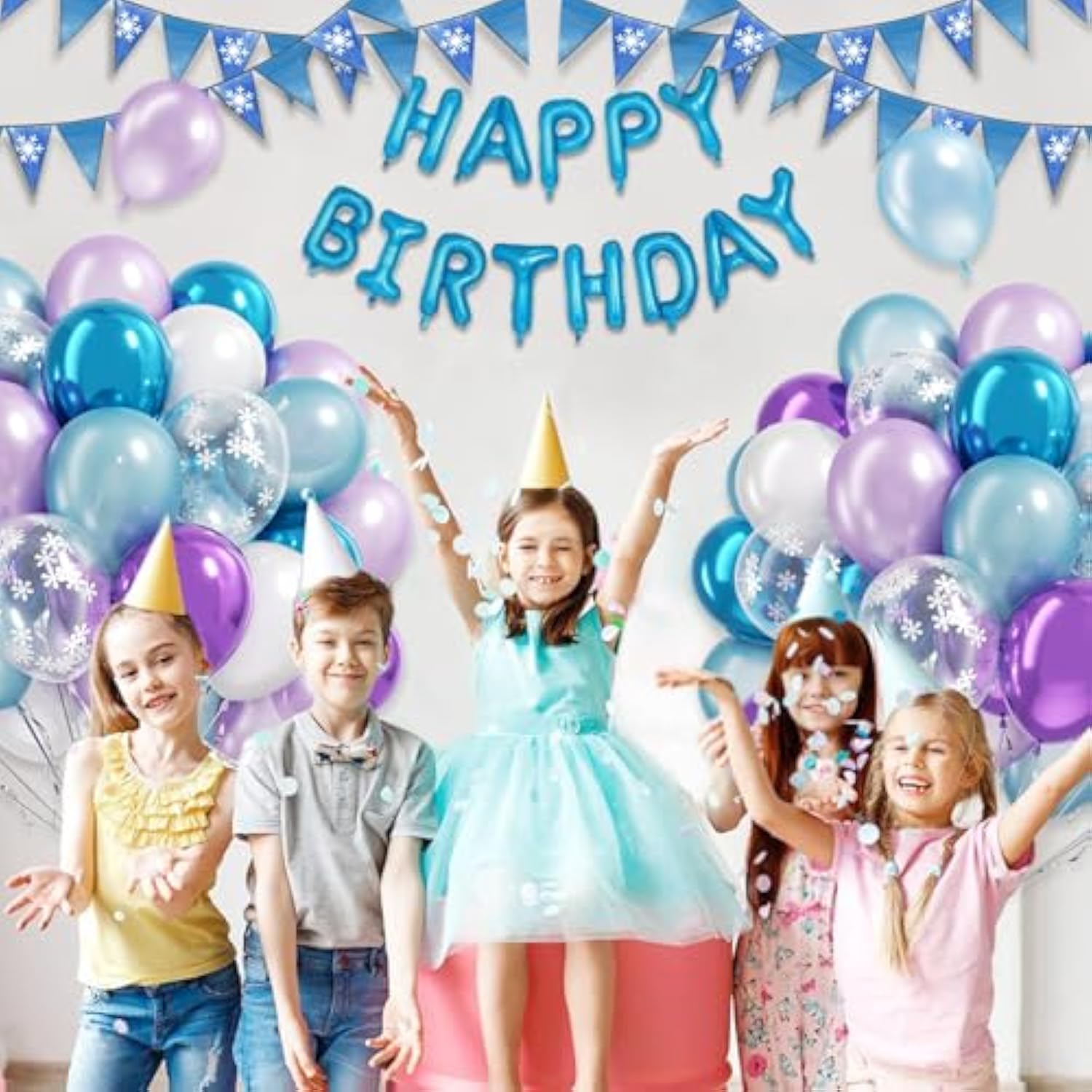 60-Pc Frozen Balloon Set Purple, Blue & Snowflake Confetti Decor