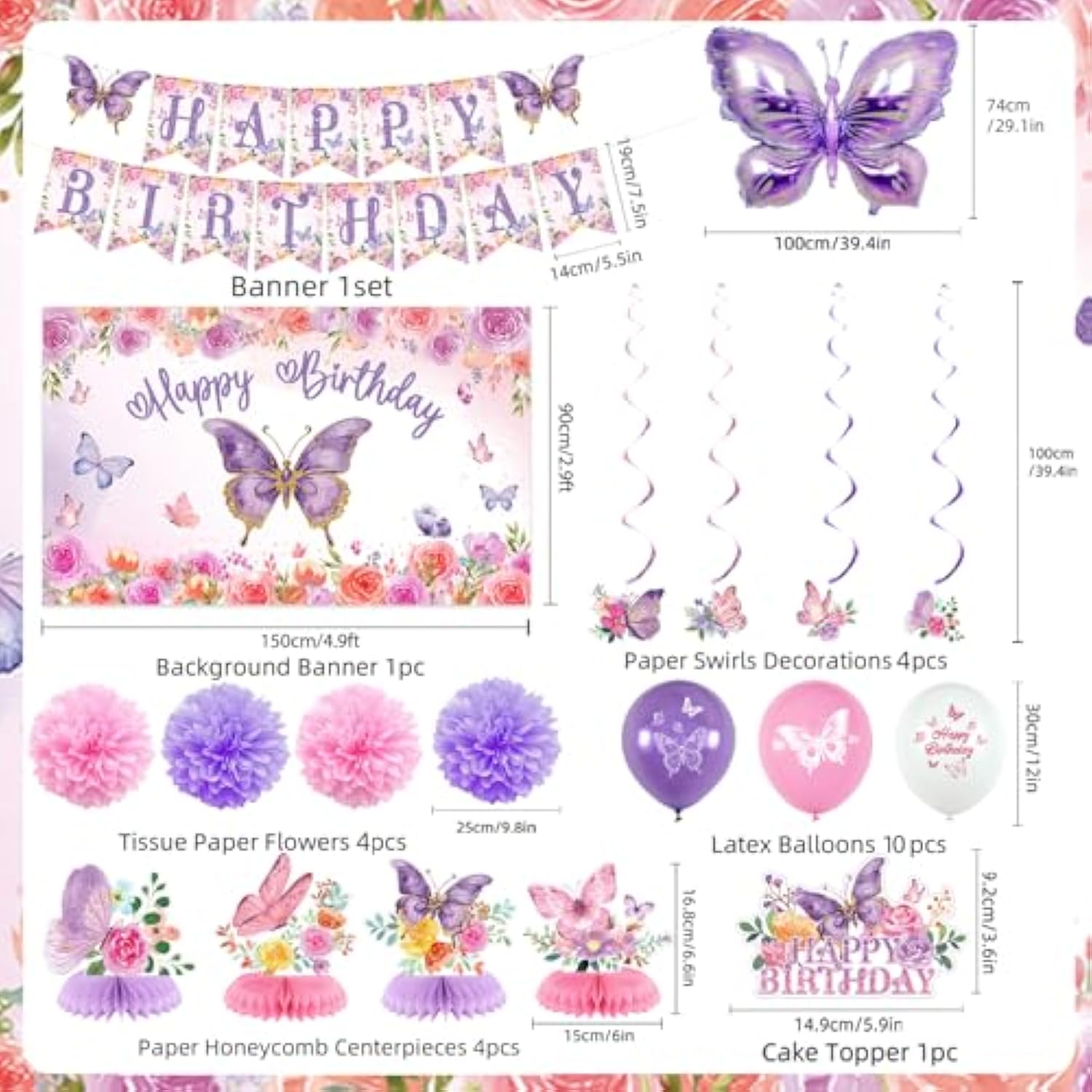 Butterfly Decorations, 37Pcs Happy Birthday Banner Balloons Honeycomb Centerpieces Cake Topper Kit, Purple And Pink Party Decorations