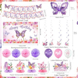 Butterfly Decorations, 37Pcs Happy Birthday Banner Balloons Honeycomb Centerpieces Cake Topper Kit, Purple And Pink Party Decorations