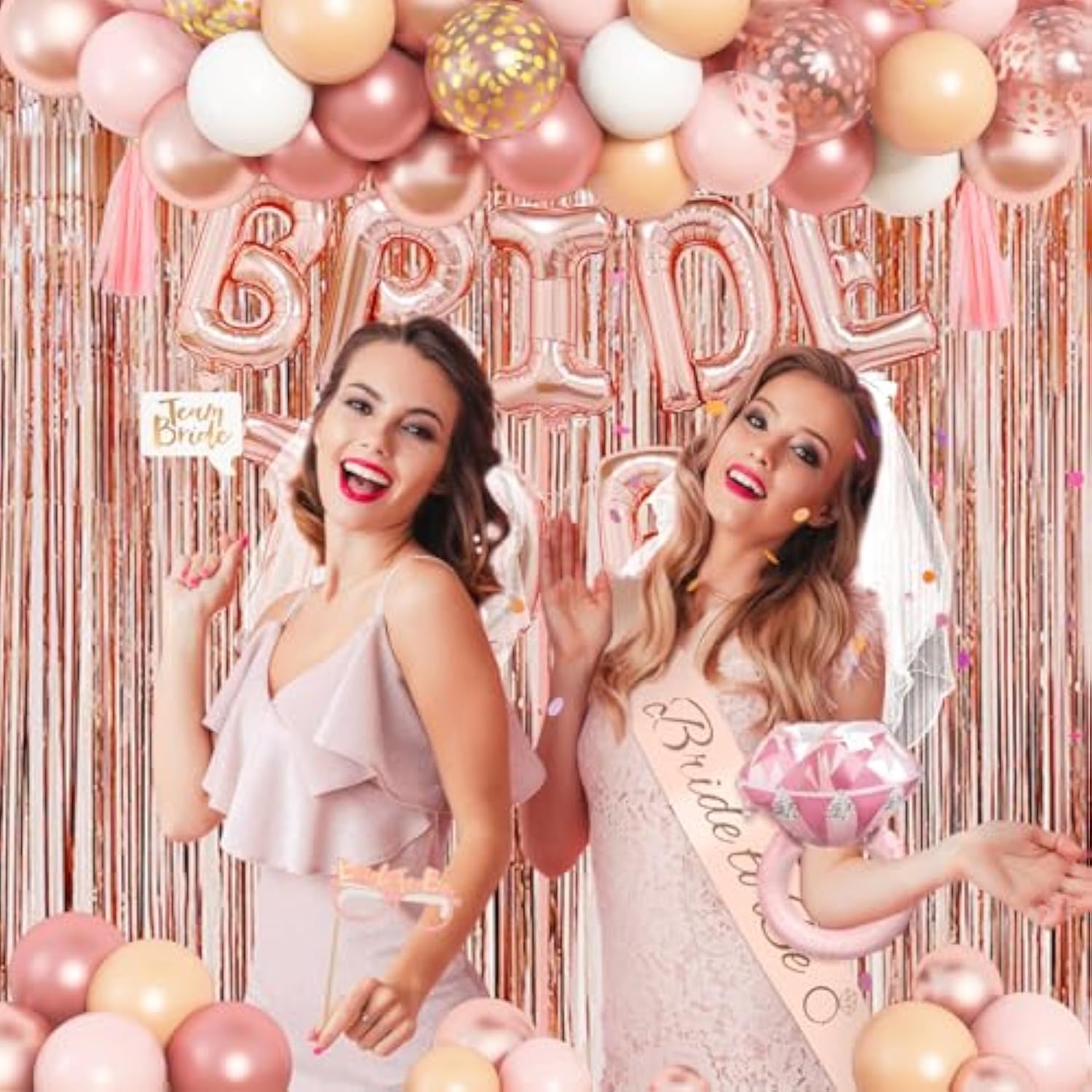 Bachelorette Party Decorations Supplies, Rose Gold Bridal Shower Decorations Bride To Be Pink White Gold Confetti Foil Heart Balloons, Veil, Photo Booth Props, Fringe Curtains, Paper Tassels