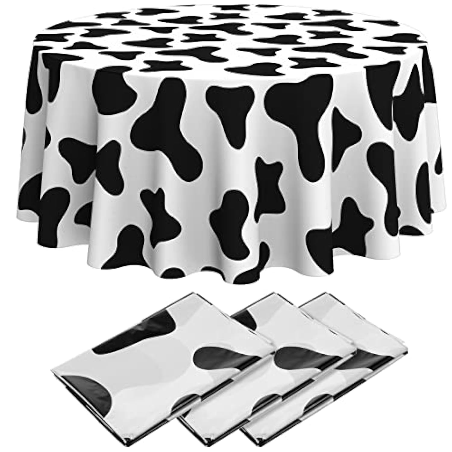 3 Pcs Cow Tablecloth Round Print Table Cloths Plastic,84'' Disposable Cow Themed Table Cover For Farm Animal Birthday Party,Picnic,Farmhouse Dining Supplies(Black White)