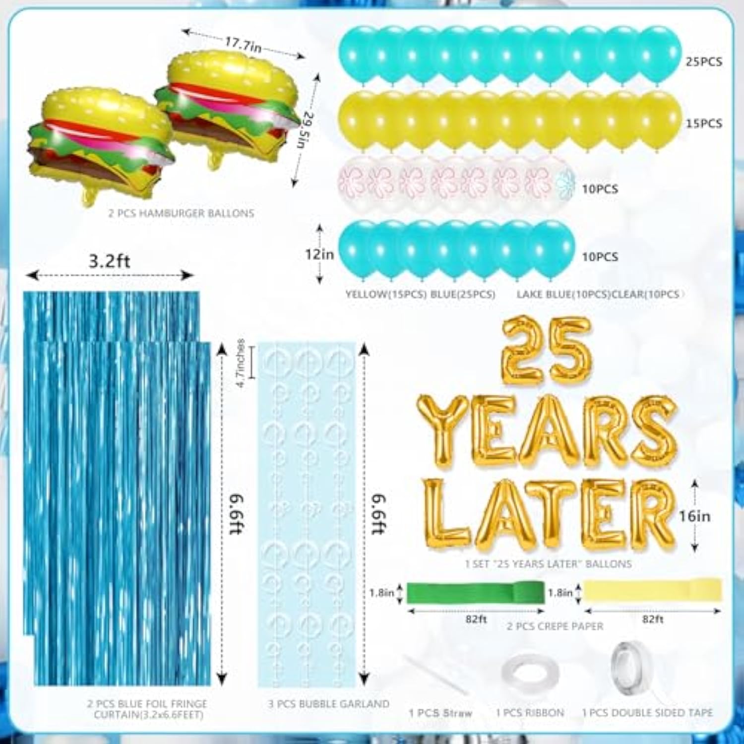 Spongebob 25Th Birthday Decorations, 25 Years Later Letter Balloons Set For Ocean Theme Party,Birthday Decor,Mermaid,Baby Shark,With Hamburger Balloons,Blue Backdrop Bubble Garland And Crepe Paper