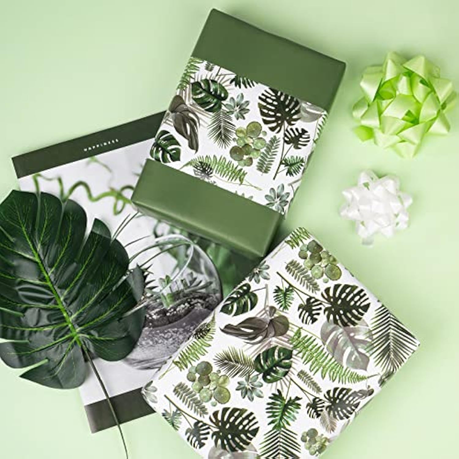 Reversible Tropical Wrapping Paper - Mini Roll - 17 Inch X 33 Feet - Green Monstera Leaf Hawaii Wrapping Paper For Birthday, Wedding, Bridal Shower, Baby Shower