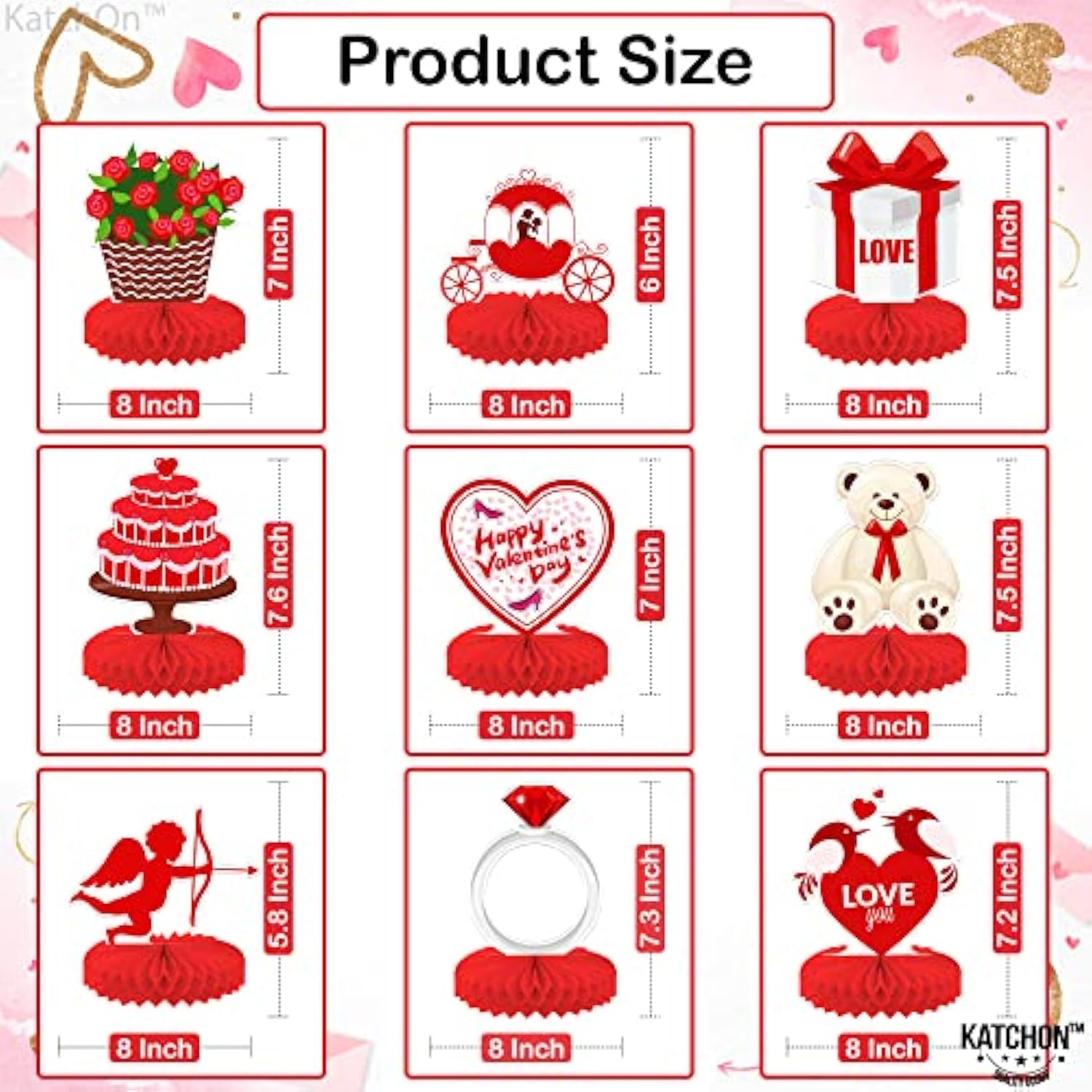 , Red Valentine Honeycomb Centerpieces - Pack Of 9 | 3D Valentines Day