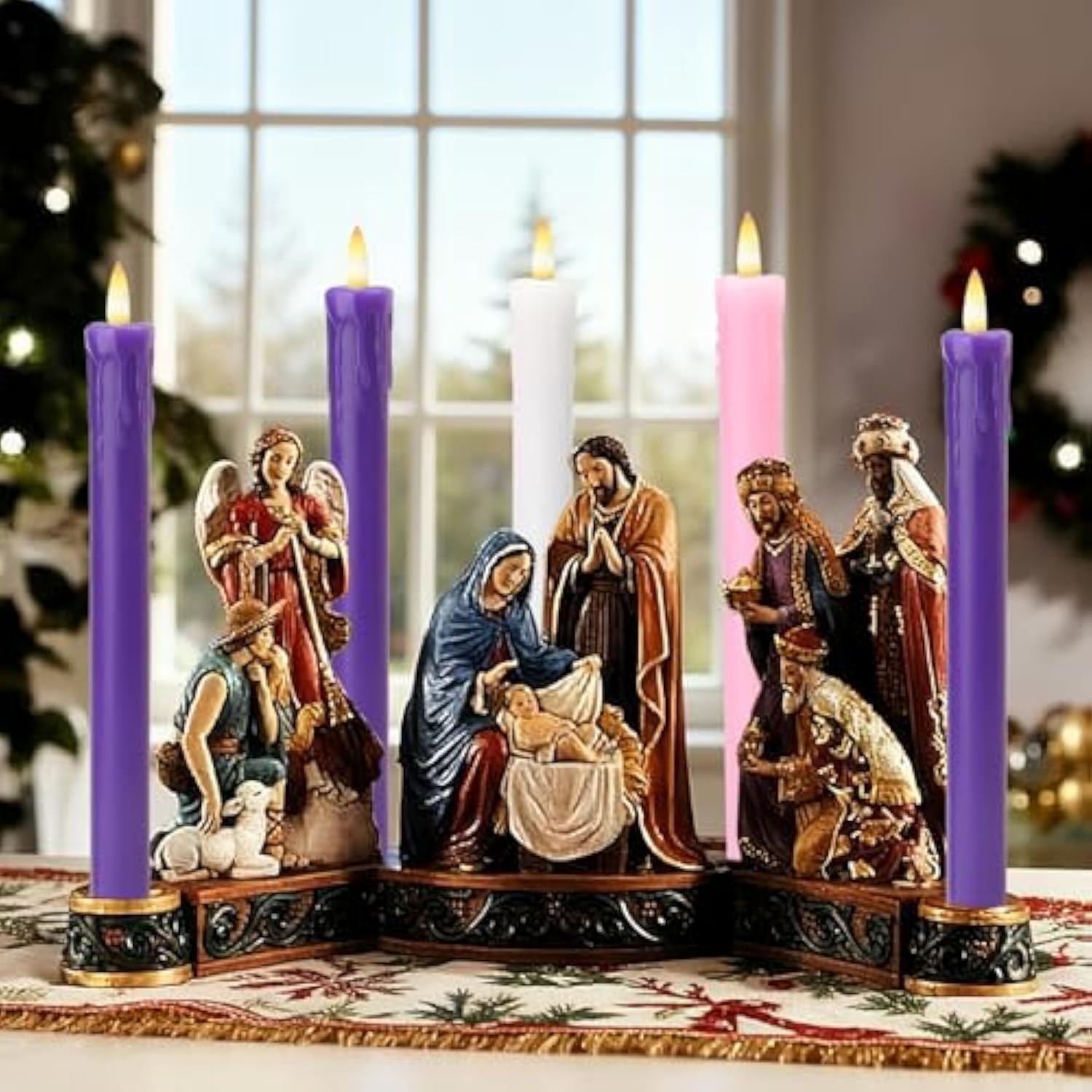 Flameless Advent Candles Battery Operated With Remote, Set Of 5 Wax Christmas Taper Nativity Candles, Led Advent Wreath Candles For Church Home Christian Decor, 3 Purple & 1 Pink & 1 White