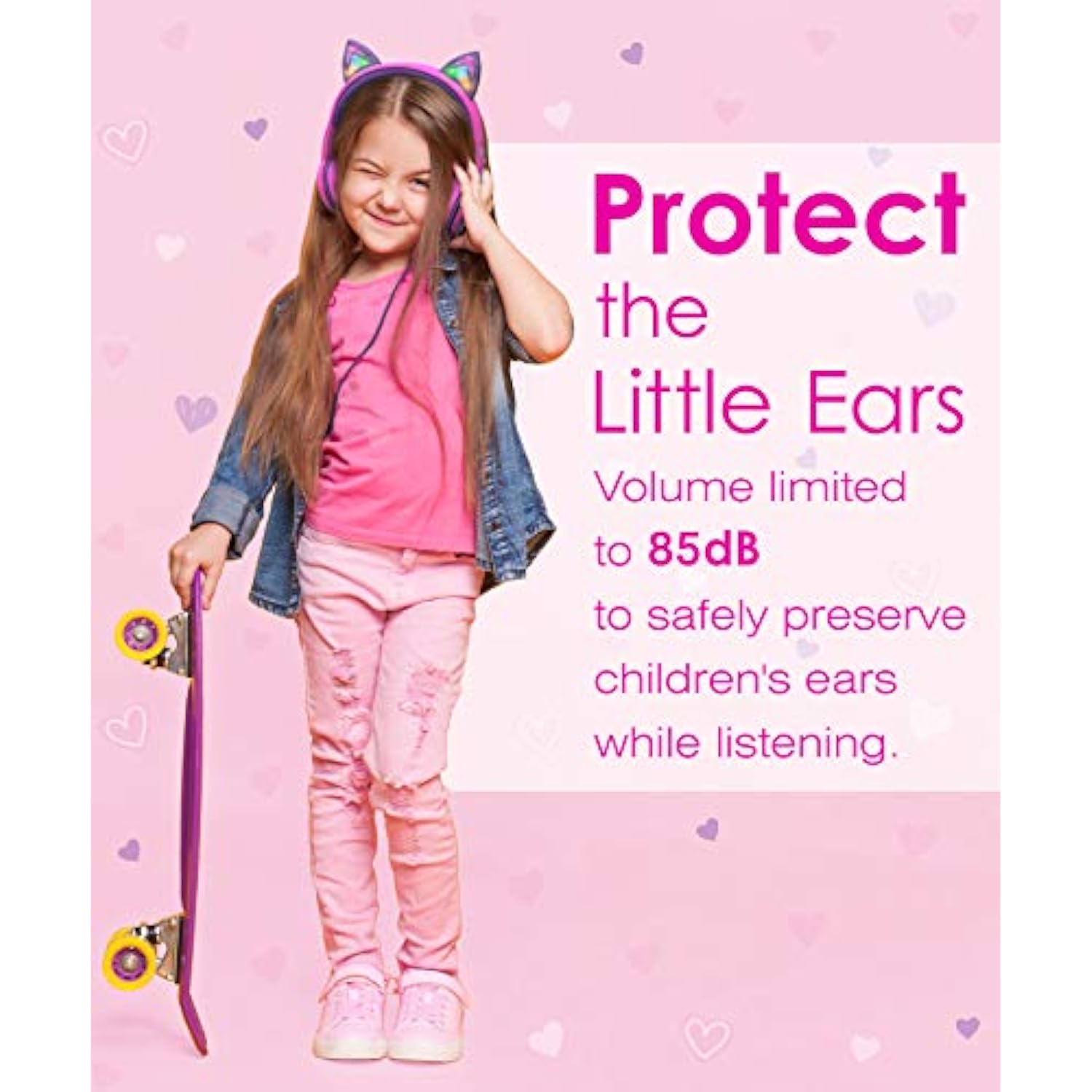 FosPower Kids Headphones with LED Cat Ears (85dB Safe Volume Limit), 3.5mm Soft On-Ear Wired Headphones with Tangle-Free Laced Cables for iPad/Tablet/School/Travel - Hot Pink/Purple