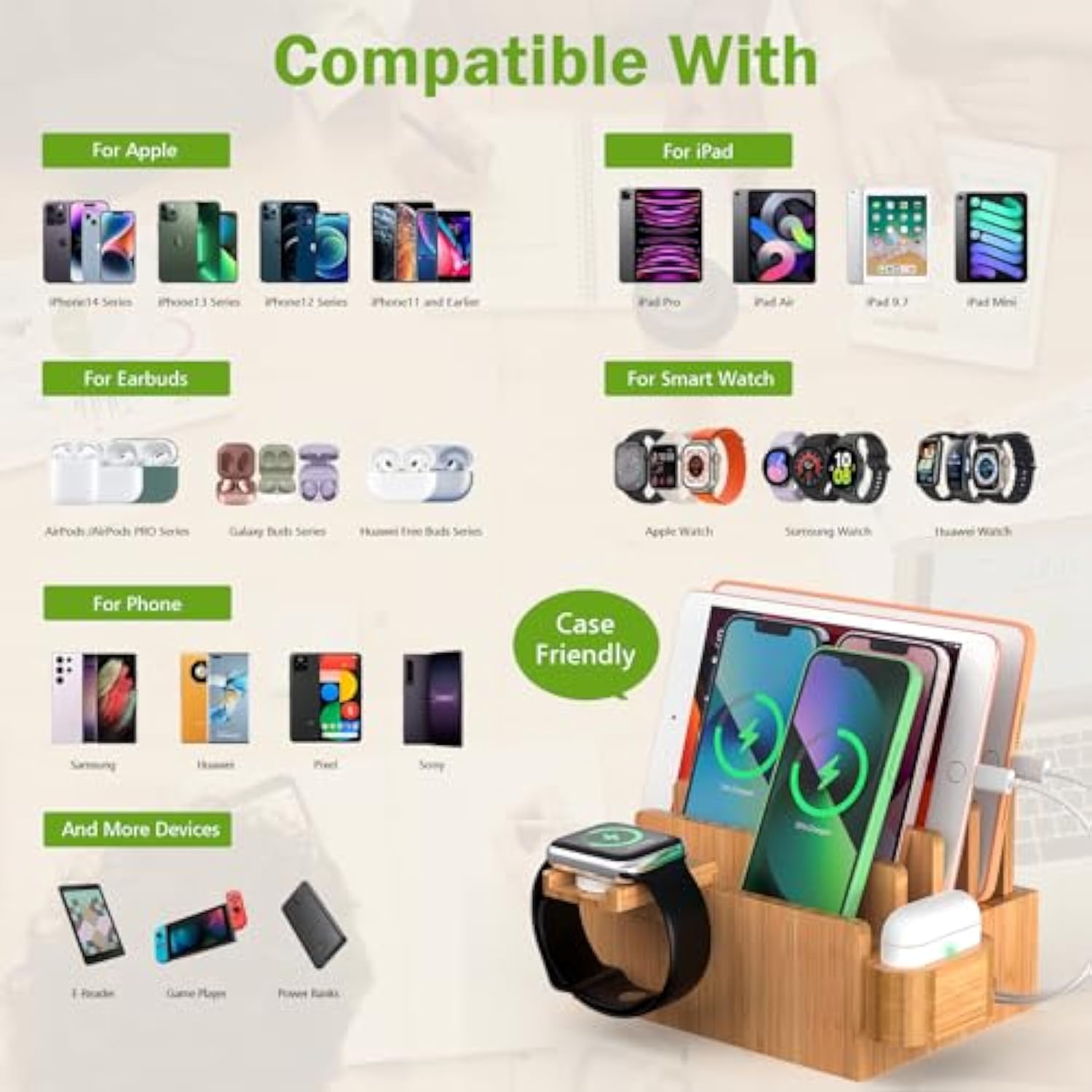 Bamboo Charging Station Organizer For Multiple Devices, Desktop Docking Stations Holder For Cell Phone, Tablet, Smartwatch & Earbuds Stand (Included 5 Cables) (No Usb Charger)