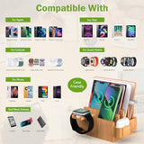 Bamboo Charging Station Organizer For Multiple Devices, Desktop Docking Stations Holder For Cell Phone, Tablet, Smartwatch & Earbuds Stand (Included 5 Cables) (No Usb Charger)