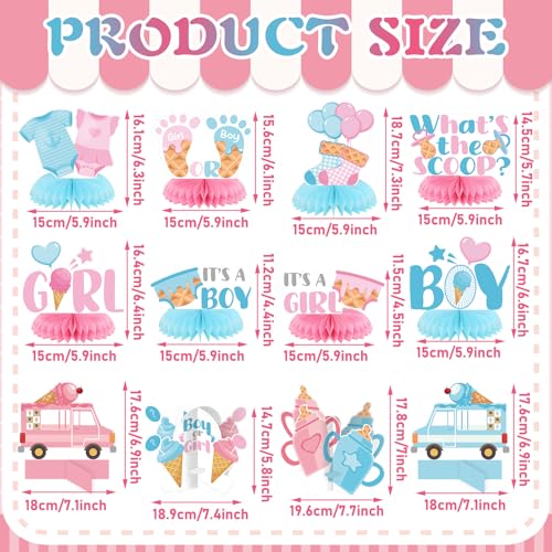 12 Pcs Ice Cream Gender Revel Decoration Honeycomb Centerpiece Whats the Scoop Gender Reveal Decorations Pink Blue He or She Table Topper Table Decor or Baby Shower Birthday Party Favors