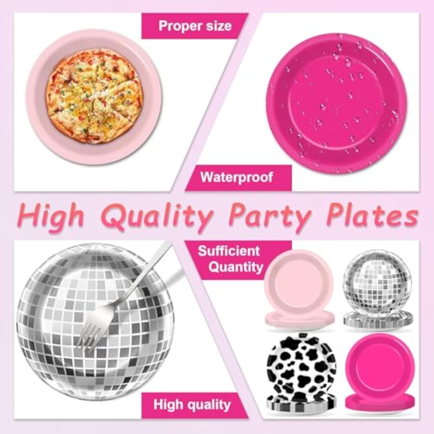 48Pcs Western Cowgirl Party Paper Plates For Cow Print Themed Party Supplies 7" Hot Pink Disco Ball Disposable Dessert Plates For Cowgirl Birthday Bachelorette 80S 90S Disco Shower Party Decorations