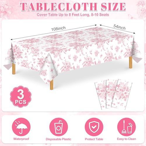 3 Pcs Pink Floral Plastic Tablecloths, Disposable Wedding Table Cloth