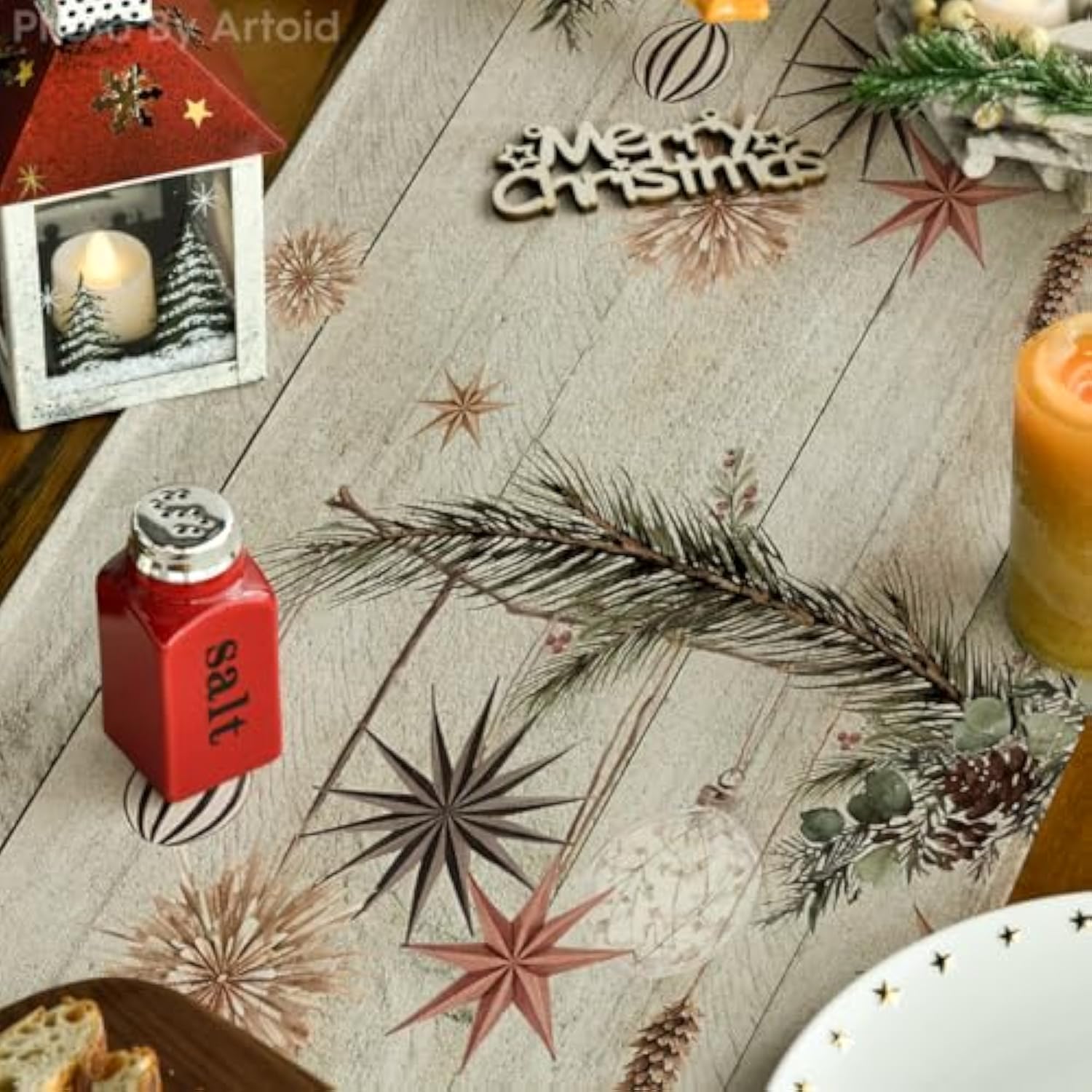 Xmas Trees Holly Pine Cone Christmas Table Runner, Seasonal Winter Wood Kitchen Dining Table Decoration For Home Party Decor 13X72 Inch