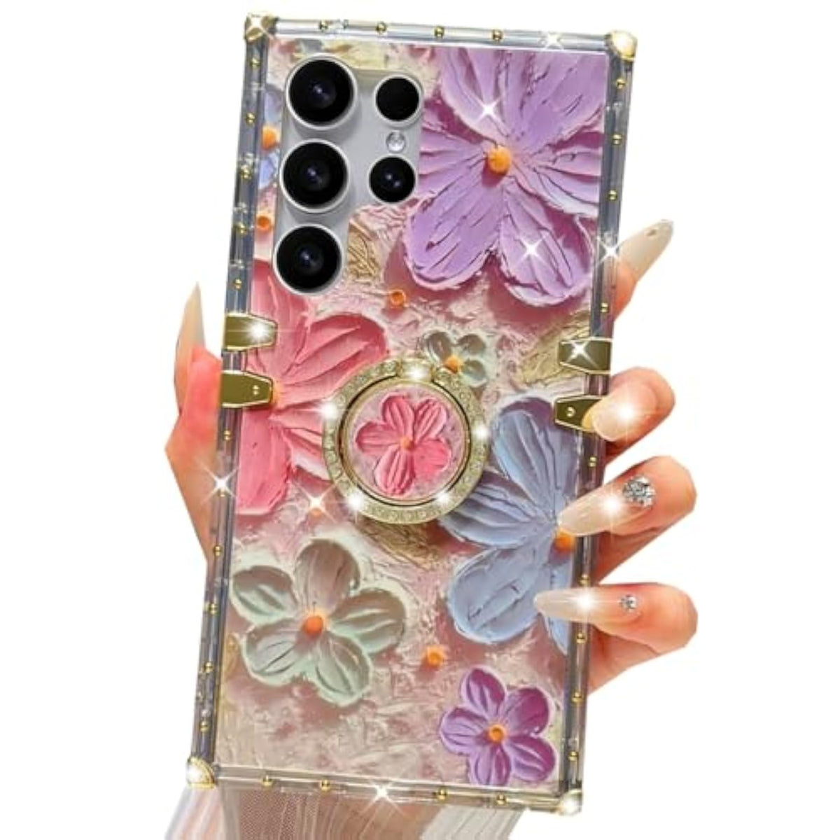 For Samsung Galaxy S25 Ultra Glitter Floral Case, Cute Colorful Retro Oil Painting Printed Flowers With Bling Sparkly Ring Kickstand Shockproof Women Girls Case For Galaxy S25 Ultra,Colorful