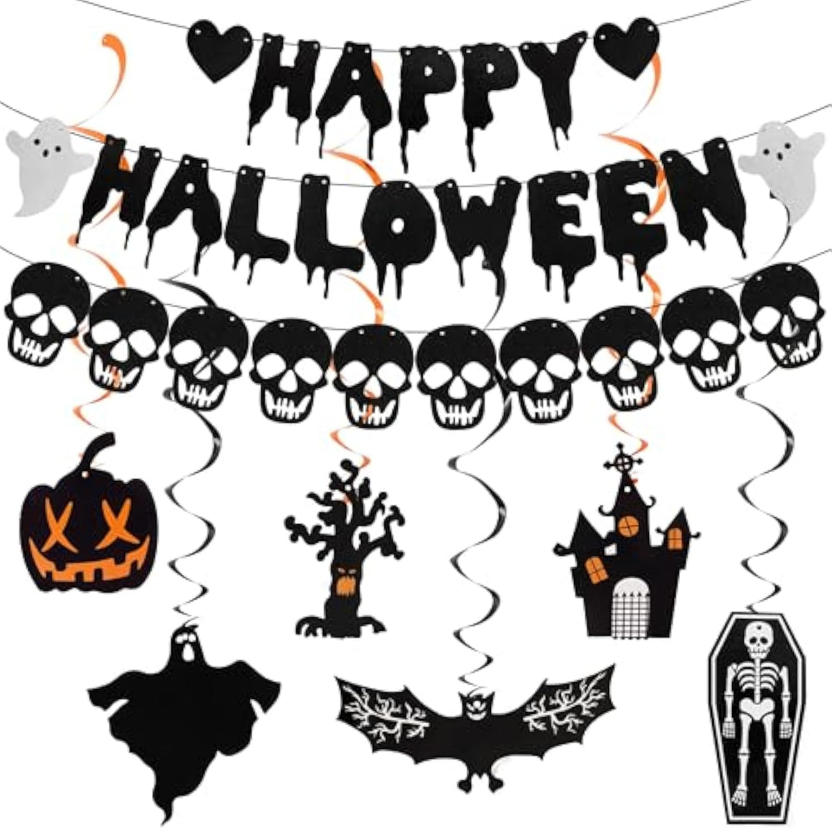 Halloween Decorations Set with Happy Halloween Banner Black Glitter Skull Garland Swirls