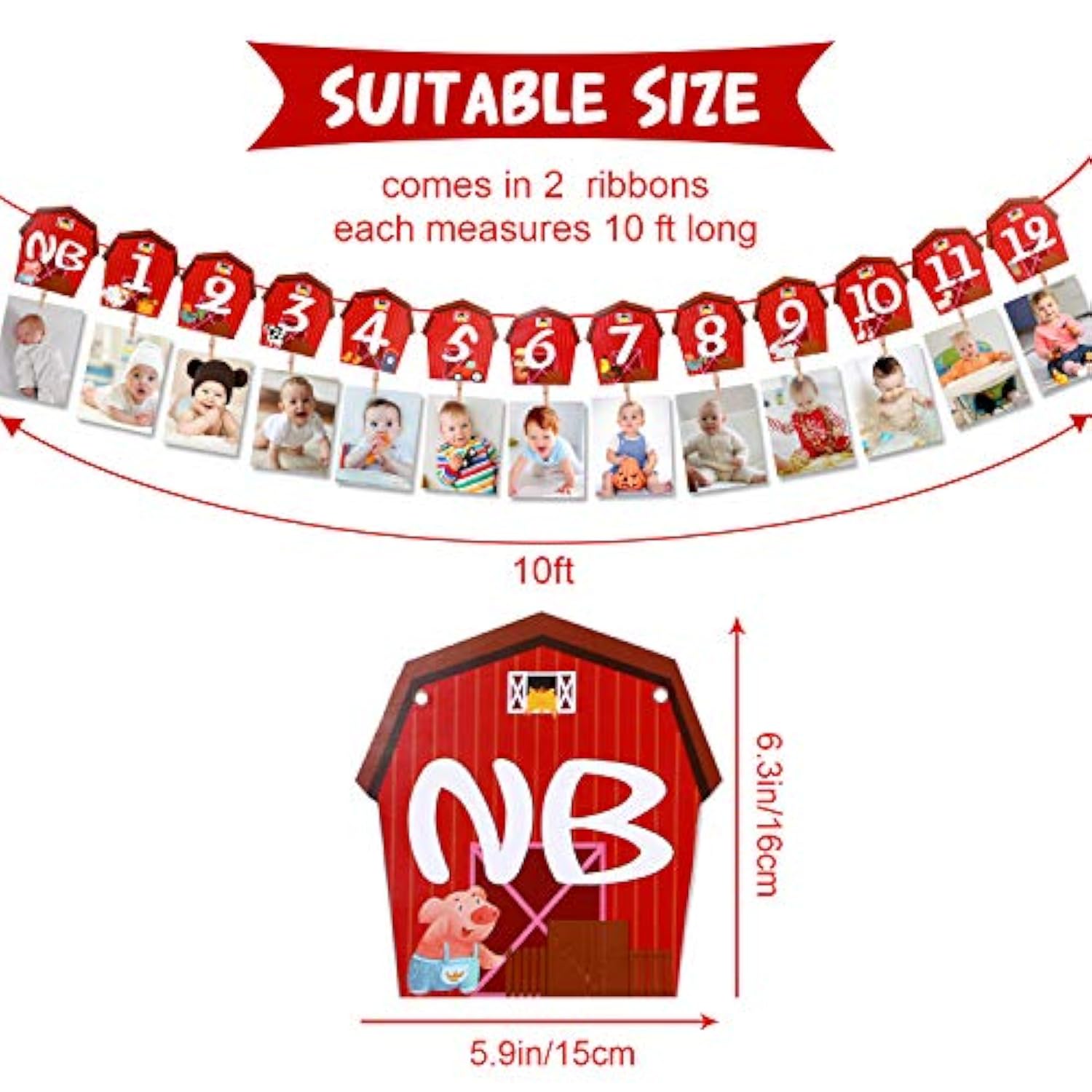 Farm Animal Theme Photo Banner 1St Birthday Monthly Banner Newborn To 12 Month Photo Display Milestone Photograph For Barnyard First Birthday Party Decorations Supplies