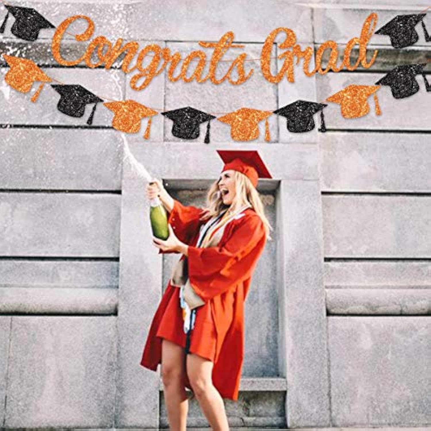Graduation Party Decorations, Congrats Grad 2026 Glitter Banner Orange Black, Class Of 2026 Cap Bunting Garland Sign For Kindergarten Primary Seniors High School College University