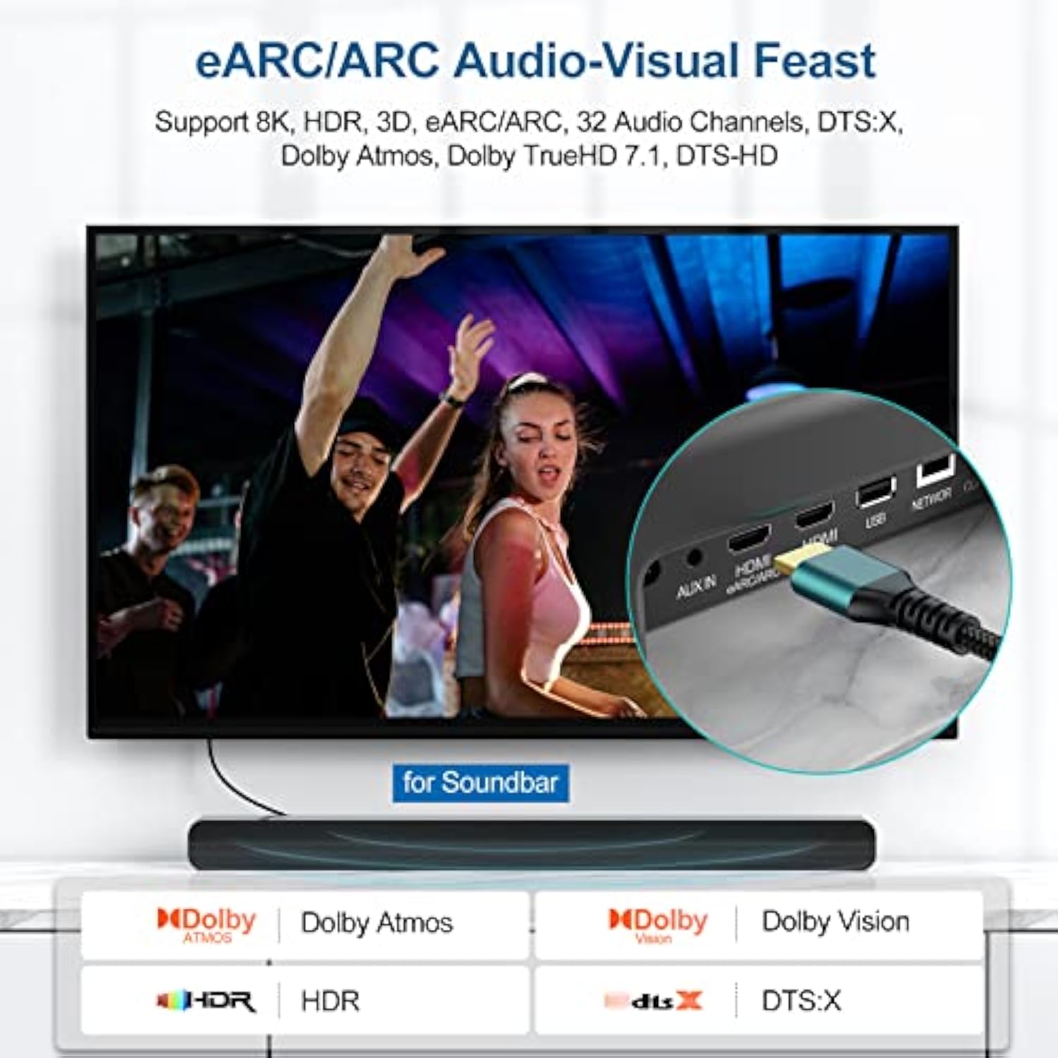 8K Hdmi Arc/Earc Cable For Soundbar 6.6Ft, Earc Hdmi 2.1 Cable, High Speed Hdm