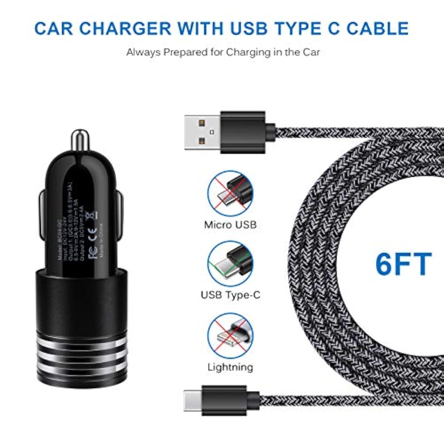 Quick Charge 3 0 2 4A Rapid Car Adapter With 6Ft Type C Cable