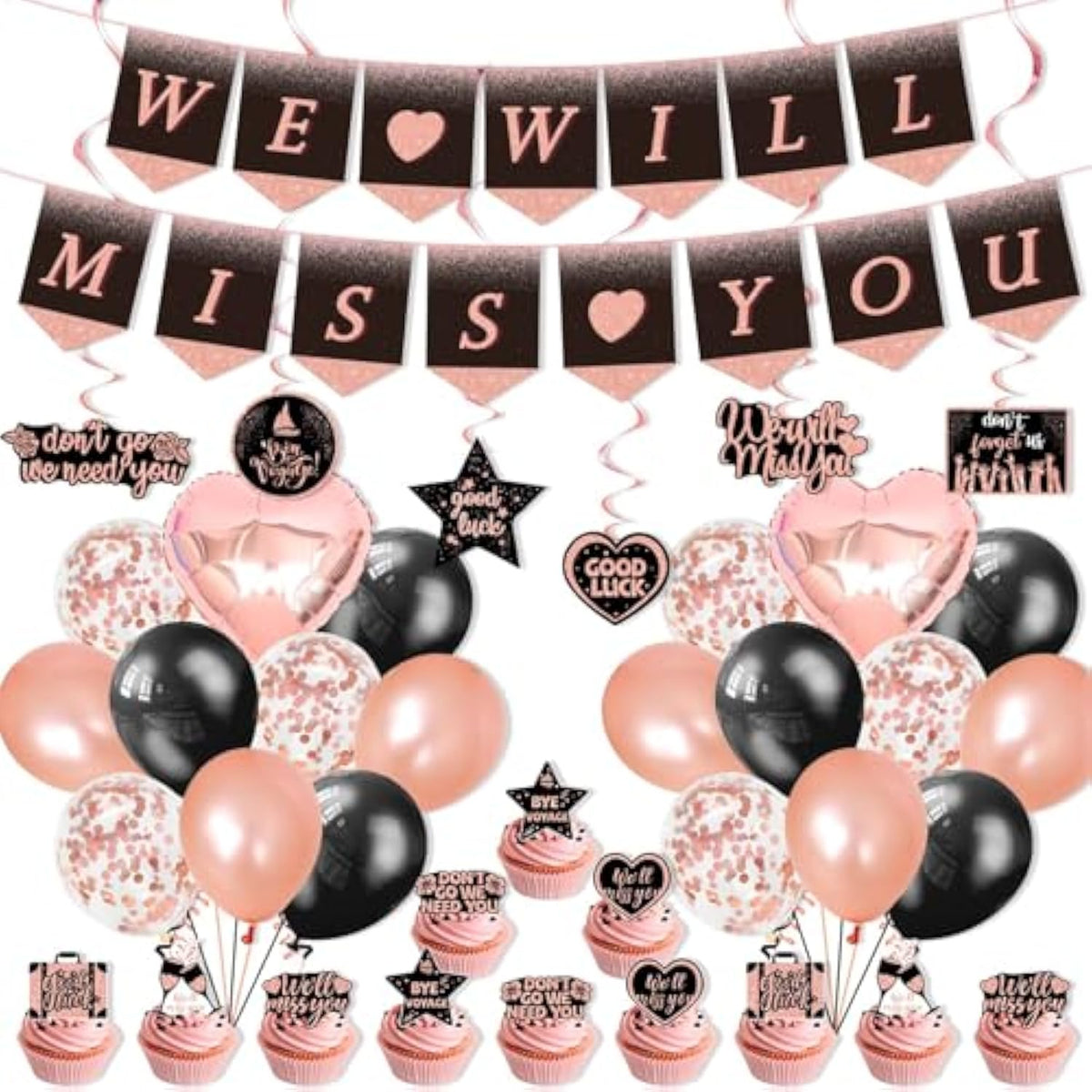 Rose Gold Farewell Party Decor "We Will Miss You" Banner, Swirls, Toppers & Balloons
